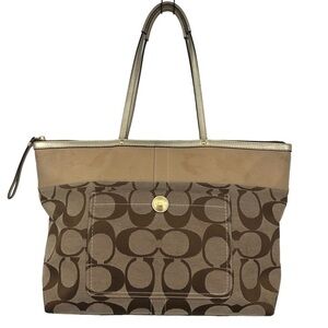 Coach Zippered East West Tote Bag Signature C Print Brown /Tan Gold Leather Trim